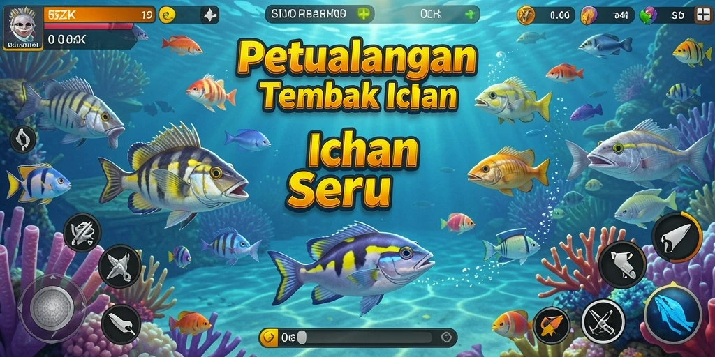 Screenshot gameplay 5ZK menampilkan aksi menembak ikan di laut yang indah.