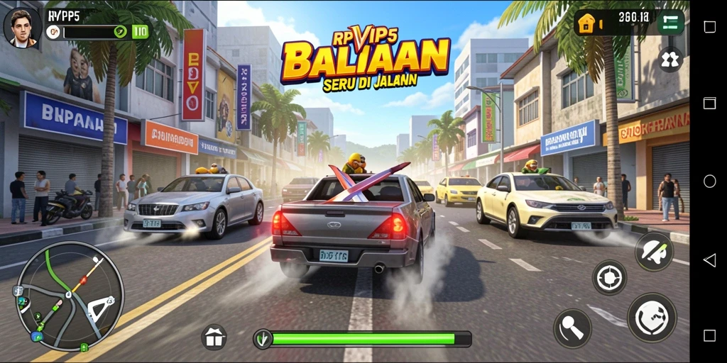 Gameplay mendebarkan RPVIP5 dengan tampilan mobil balap dan trek.