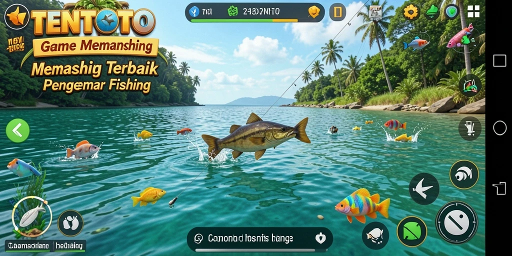 Screenshot gameplay TENTOTO menampilkan aksi memancing yang seru dan grafis menawan.